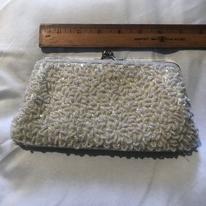 Vintage EUC off-white Caché beaded clutch with shoulder chain